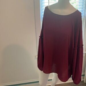 Elle Burgundy crew neck long sleeve with elastic at wrist sheer top, size XXL